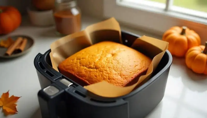 Bizcocho de calabaza esponjoso cocinado en una freidora de aire, decorado con azúcar glas y acompañado de una taza de café