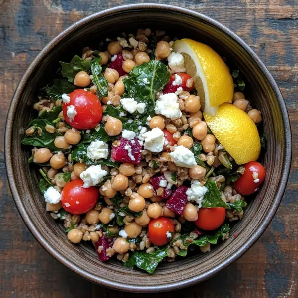 Ensalada de legumbres colorida servida en un bol, con garbanzos, lentejas, tomates cherry, cebolla roja y hojas verdes frescas, aliñada con aceite de oliva y especias.