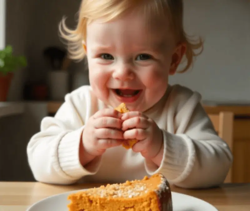 Bizcocho de calabaza para bebés, un postre suave y nutritivo, ideal para el desayuno o merienda infantil.