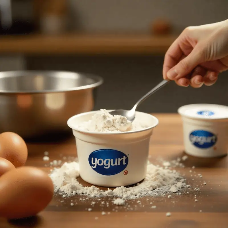 Vaso de yogur utilizado como medida de harina en recetas de cocina casera.
