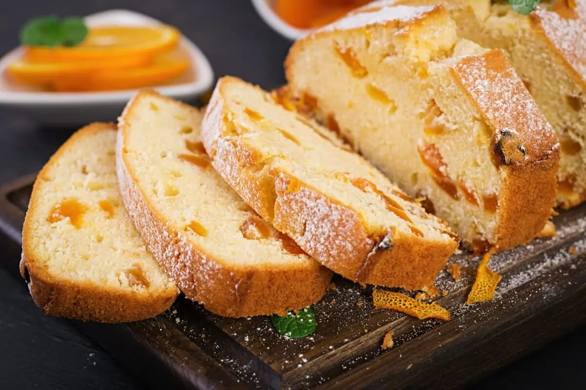 Un pastel esponjoso y dorado con trozos de fruta, cubierto ligeramente de azúcar glass, que ilustra la pregunta: ¿Qué hace que un pastel sea perfecto?