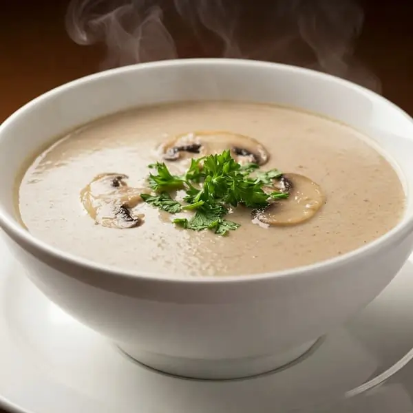 Cuenco de crema de champiñones caliente con rodajas de champiñón y perejil fresco.