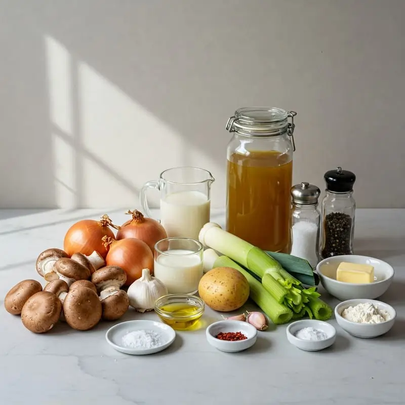 Ingredientes frescos para crema de champiñones organizados sobre una encimera blanca.