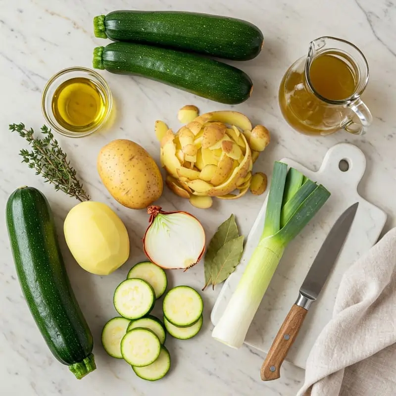 Calabacines, patatas, puerro, cebolla, laurel, tomillo y aceite de oliva sobre una mesa.