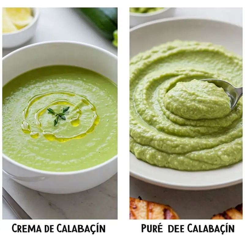 Comparación entre crema de calabacín líquida y puré de calabacín espeso.