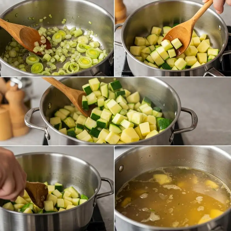 Proceso de cocción de calabacín, patatas y puerro en una olla con caldo.