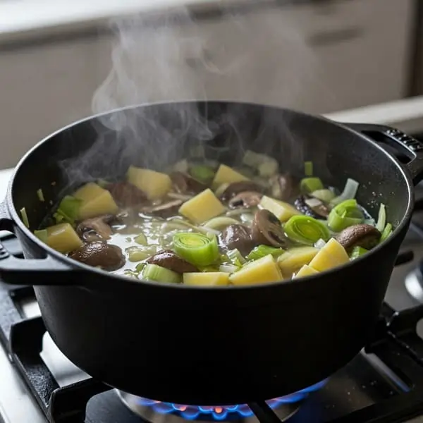 Olla con champiñones, puerros y patata cocinándose en caldo sobre una estufa.