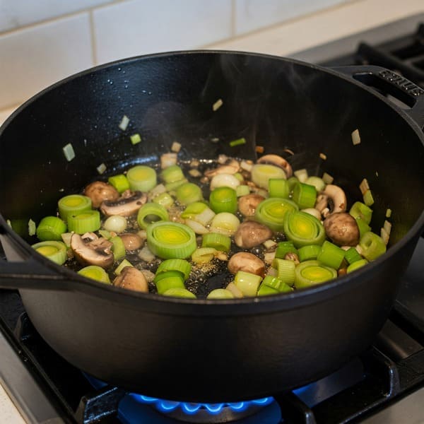 Puerros y champiñones salteándose en una olla negra sobre fuego.