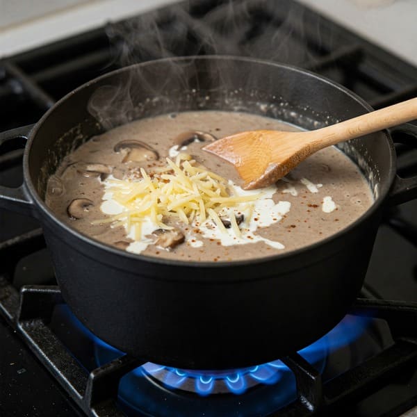 Crema de champiñones espesa en olla con crema, queso y cuchara de madera.