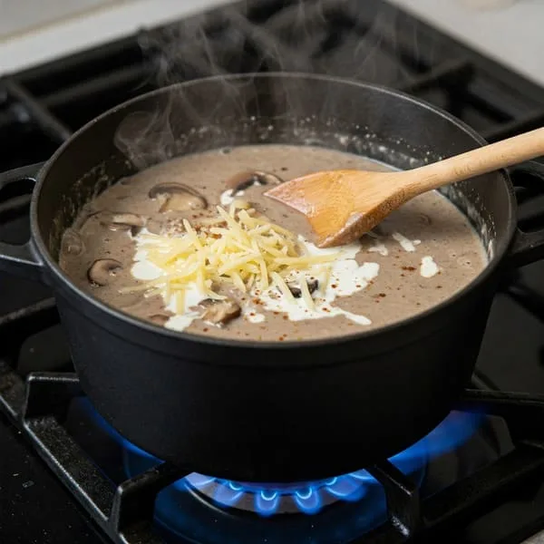 Crema de champiñones espesa en olla con crema, queso y cuchara de madera.