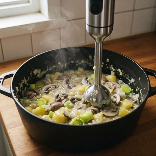 Batidora de mano triturando mezcla de champiñones, patatas y puerros en una olla.