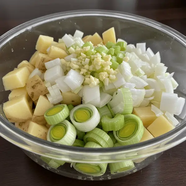 Bol de cristal con patata, puerro, cebolla y ajo picados.