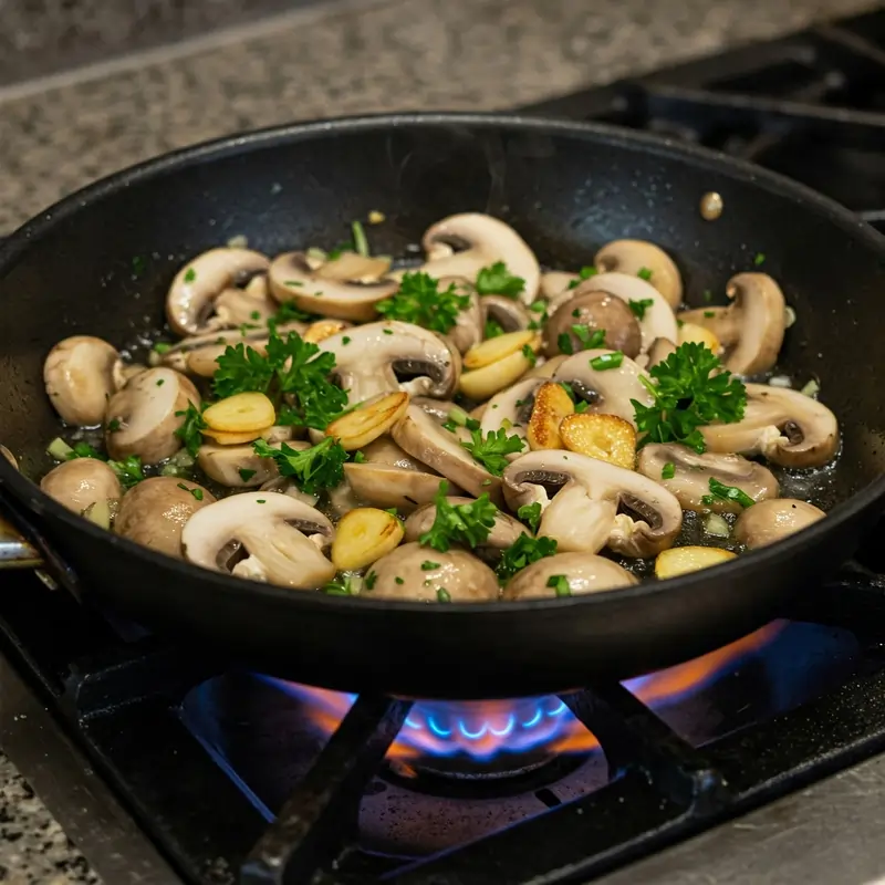 Láminas de ajo dorándose en aceite de oliva caliente en una sartén.