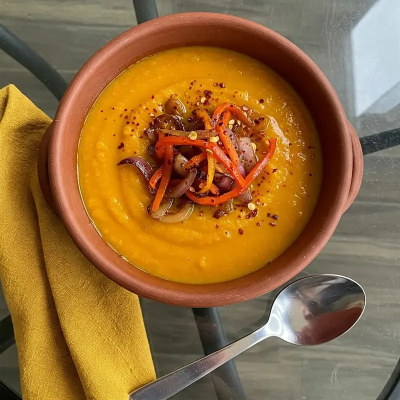 Bol de crema de carbassa o crema de calabaza picante, decorada con cebolla morada salteada, tiras de pimiento y copos de chile.