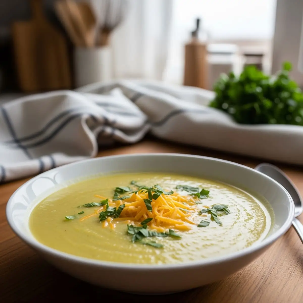 Crema de calabacín y zanahoria servida en un plato hondo blanco, decorada con queso rallado y perejil fresco.