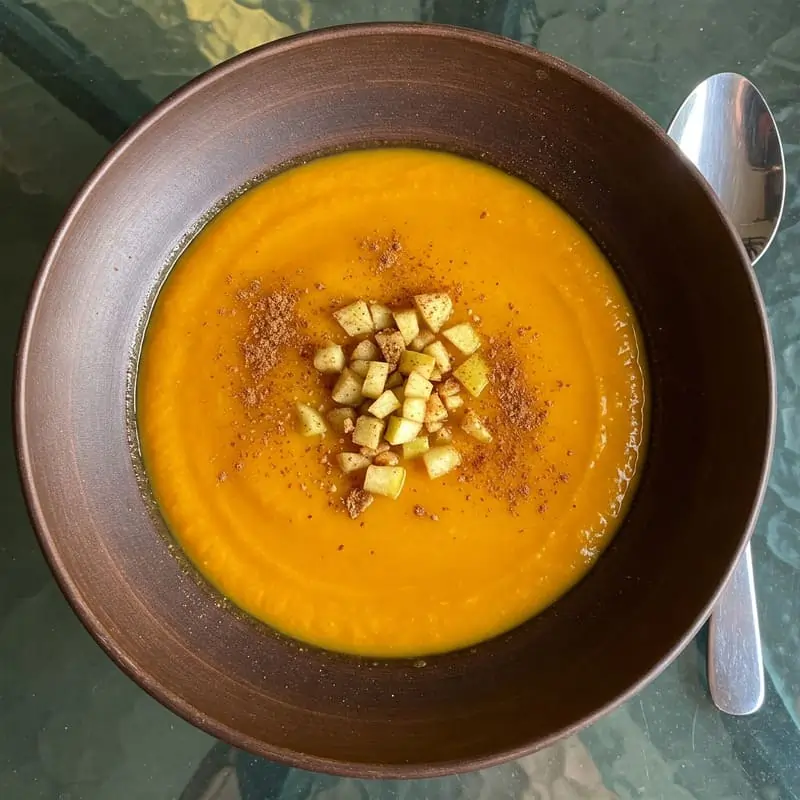 Tazón de crema elaborada con calabaza y manzana, decorada con trocitos de manzana fresca y espolvoreada con canela molida.