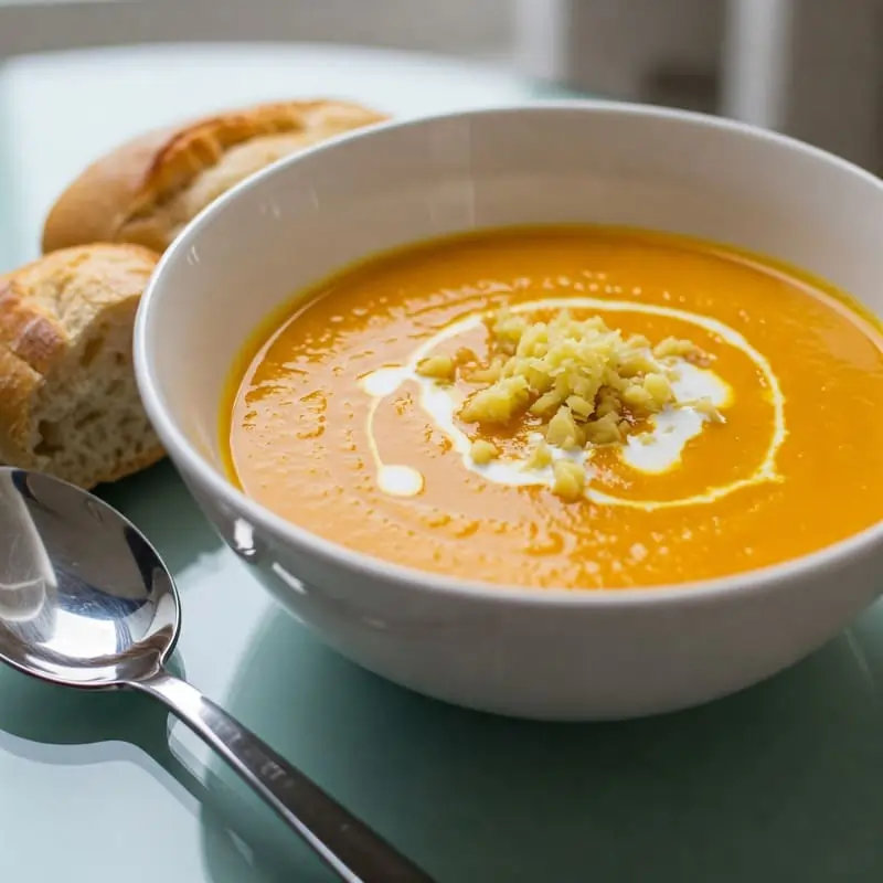 Tazón de crema de calabaza con leche de coco y jengibre, decorada con crema y jengibre rallado.