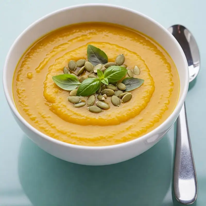 Tazón de crema de calabaza y calabacín decorada con semillas de calabaza y hojas frescas de albahaca.