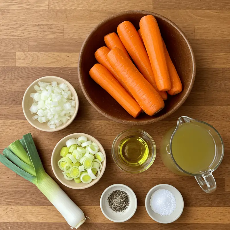 Ingredientes crudos para crema de zanahoria vegana: zanahorias, puerro, cebolla, aceite de oliva y especias sobre tabla de madera.
