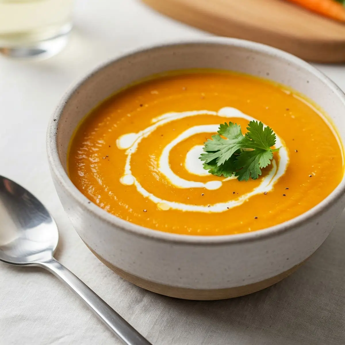 Bol de crema de zanahoria con nata y cilantro sobre mantel blanco con cuchara de aluminio.