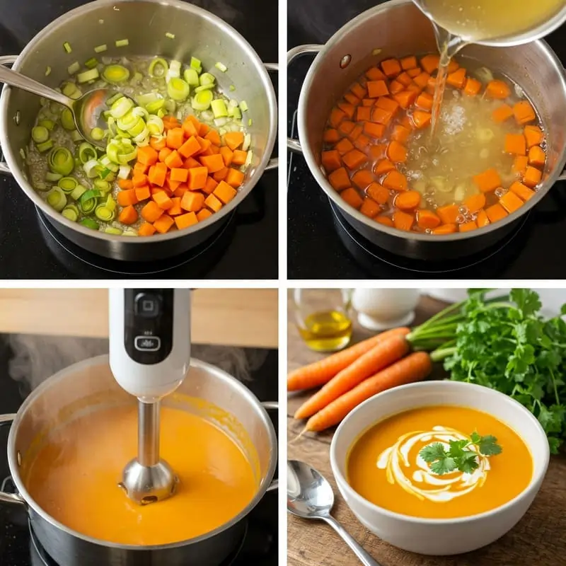 Cuadro de cuatro imágenes mostrando cómo hacer sopa de zanahoria con puerro, zanahoria, caldo y batidora manual.