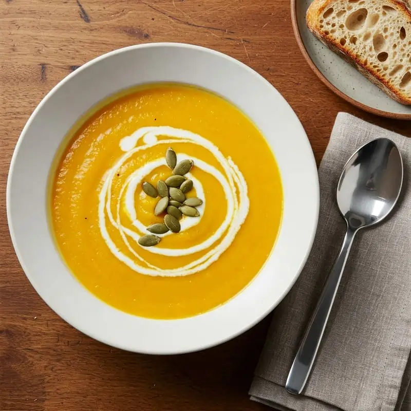 Plato hondo con puré de calabaza o sopa de calabaza cremosa, decorado con crema y semillas de calabaza, acompañado de pan tostado.