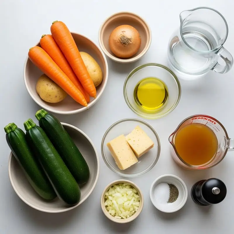 Ingredientes frescos para preparar una crema de calabacines y zanahorias casera.