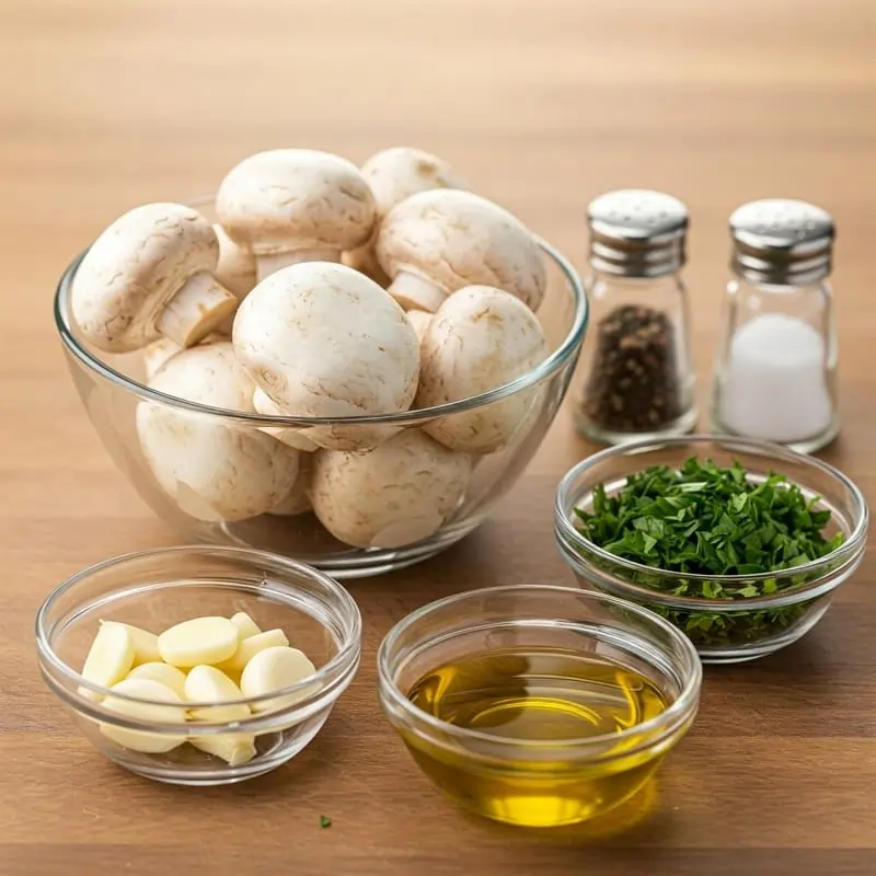Ingredientes frescos para preparar setas al ajillo, incluyendo setas, ajo, perejil, aceite de oliva, sal y pimienta.