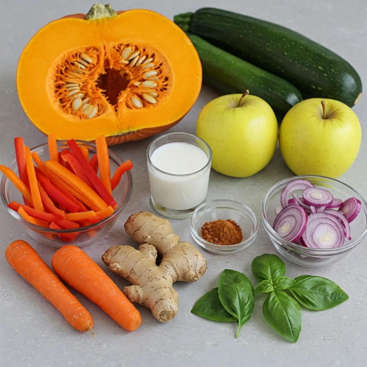 Ingredientes frescos y variados dispuestos sobre una mesa, utilizados para preparar cinco recetas diferentes de crema de calabaza.