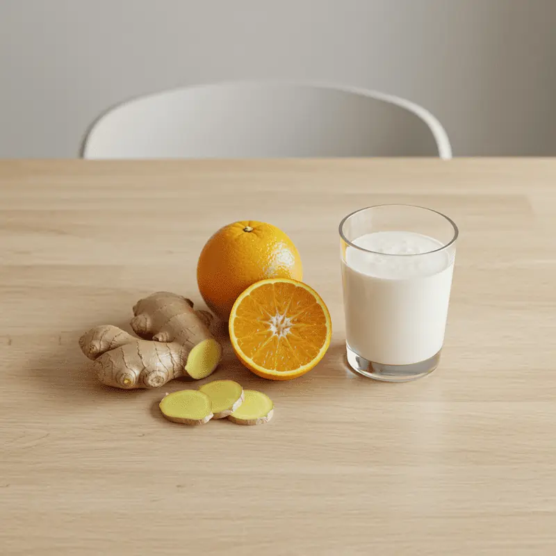 Ingredientes exóticos para crema de zanahoria: jengibre fresco, naranja y leche de coco en vaso sobre mesa de madera.