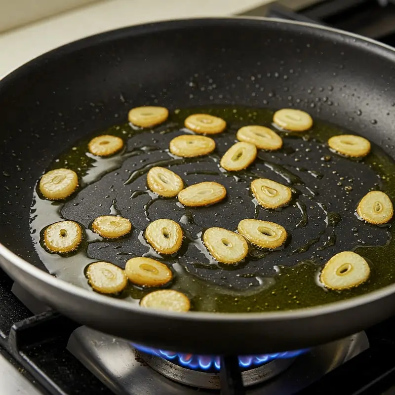 Láminas de ajo dorándose en aceite de oliva caliente en una sartén.