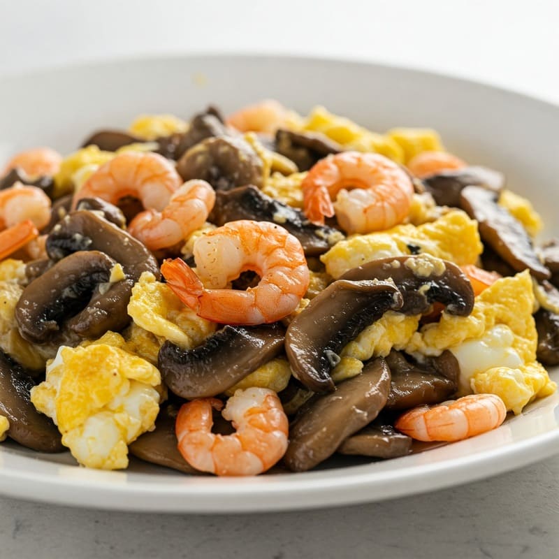 Revuelto de setas con gambas, un plato sabroso y fácil de preparar.