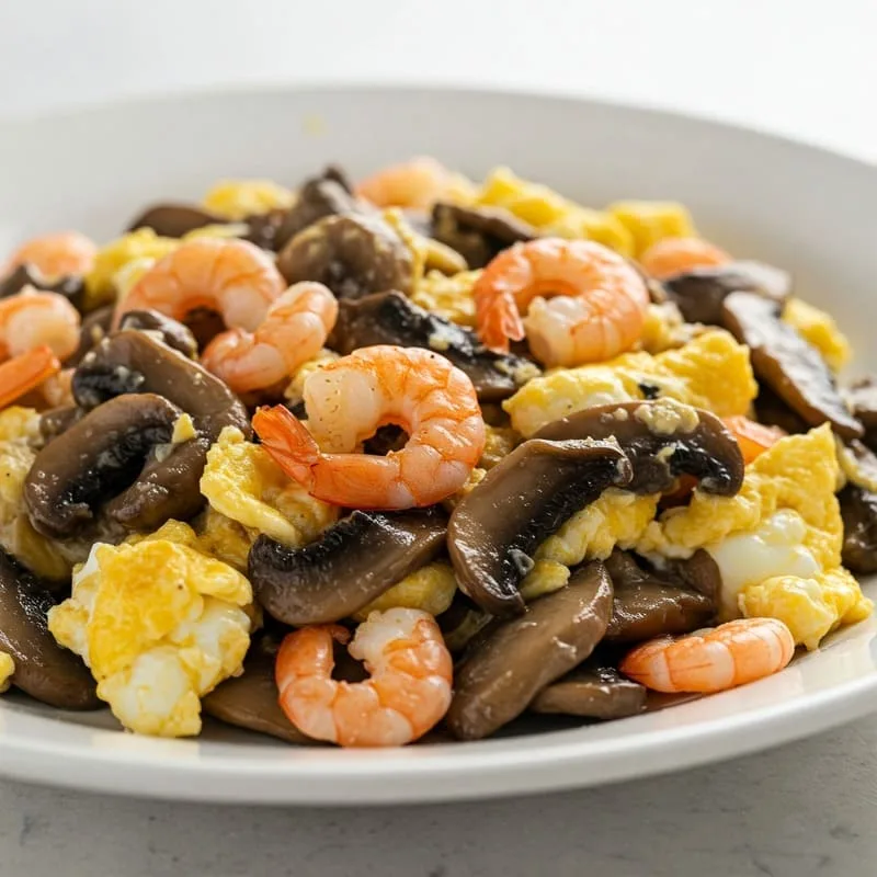 Revuelto de setas con gambas, un plato sabroso y fácil de preparar.