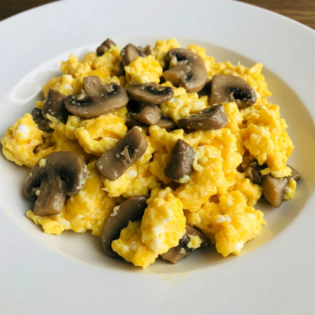 Revuelto de setas con huevo servido en plato blanco