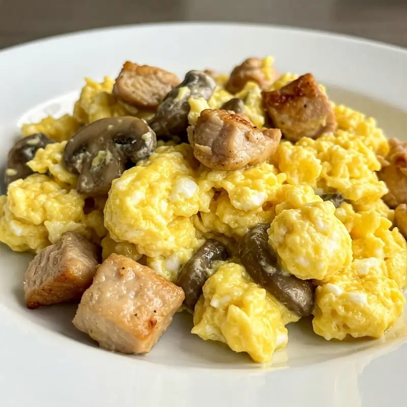 Revuelto de champiñones con huevo y dados de pollo dorado, servido en un plato blanco.