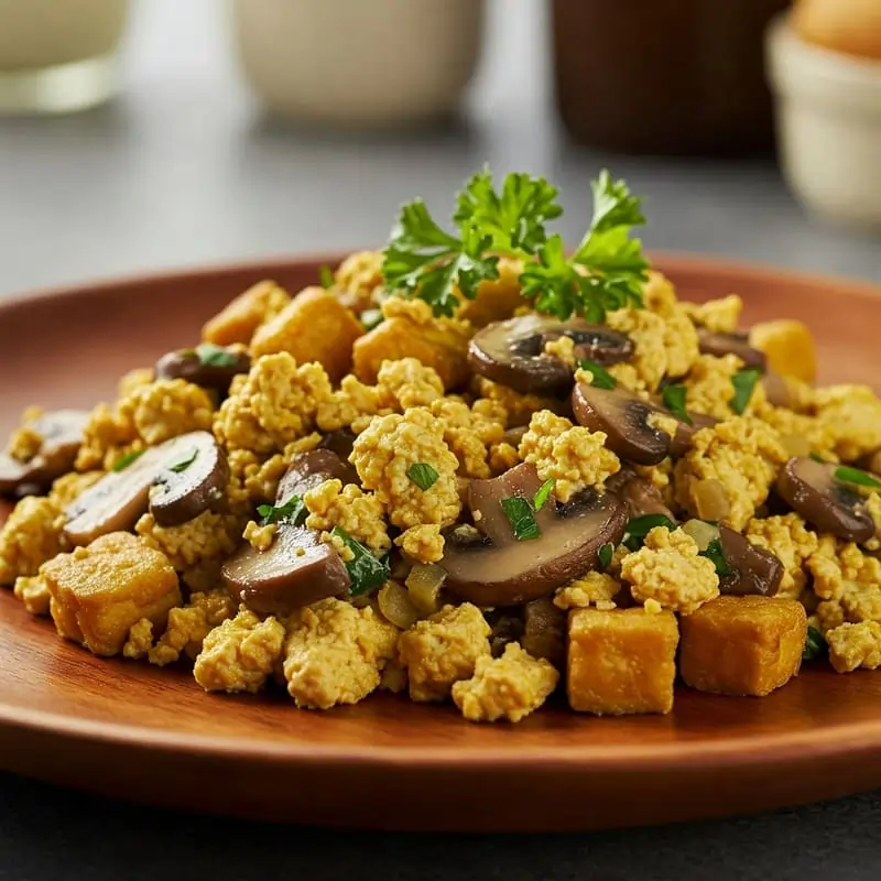 Revuelto de setas vegano con tofu y perejil fresco servido en un plato rústico de madera.
