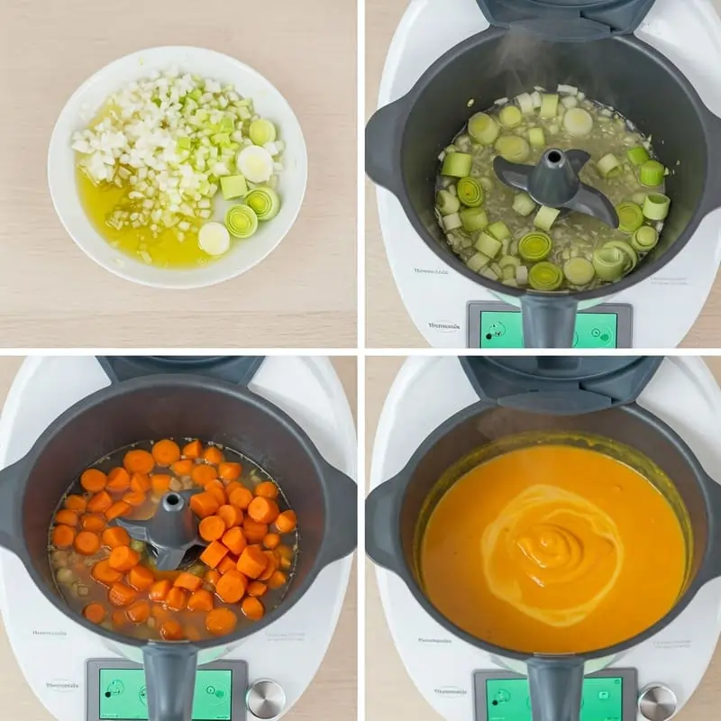 Secuencia visual del proceso de hacer crema de zanahoria en Thermomix con verduras y cocción automatizada.