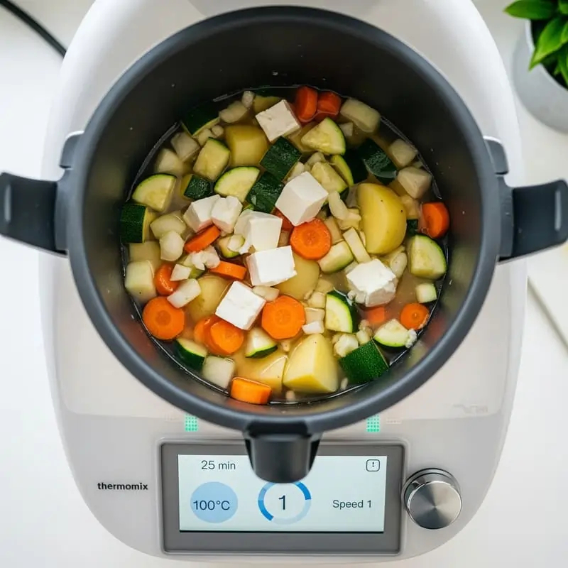 Ingredientes frescos como calabacín, zanahoria, papa y queso en el vaso de una Thermomix, listos para preparar una crema de verduras.